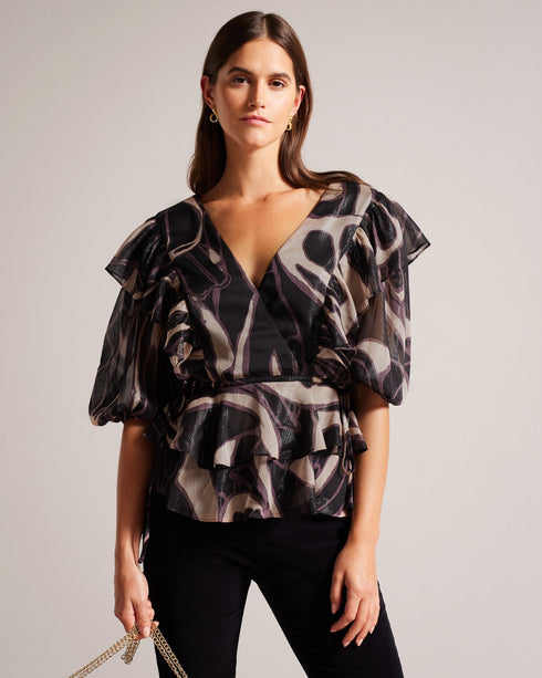 JASMYNA-Tops-Ruffled to perfection and finished with a bow, JASMYNA is your ticket to style heaven. Bottomless brunch? More like your own personal catwalk.The fabric of this product is made of 100% recycled polyester. Using recycled polyester helps divert plastic waste from ending in landfills and helps us to reduce our dependancy on virgin materials. Ruffled top V-neck Abstract print Short sleeved Low back with tie fastening and zip Amy is 5'9.5" / 1.77m and wears Black in a Ted size 1- Ted Baker Romania
